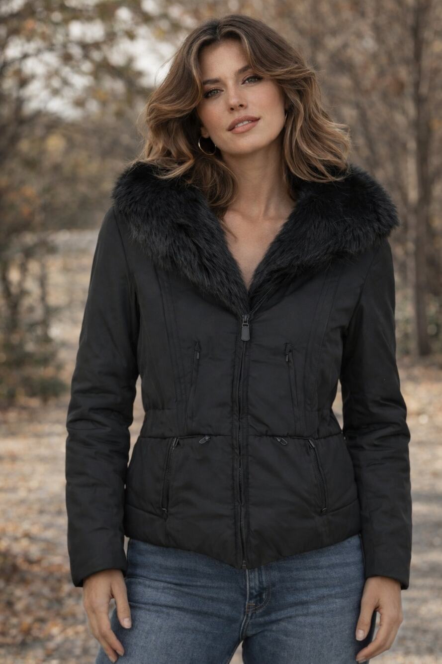 Calvin Klein Down Faux Fur Collar Full Zip Black Jacket Fury lining Size M